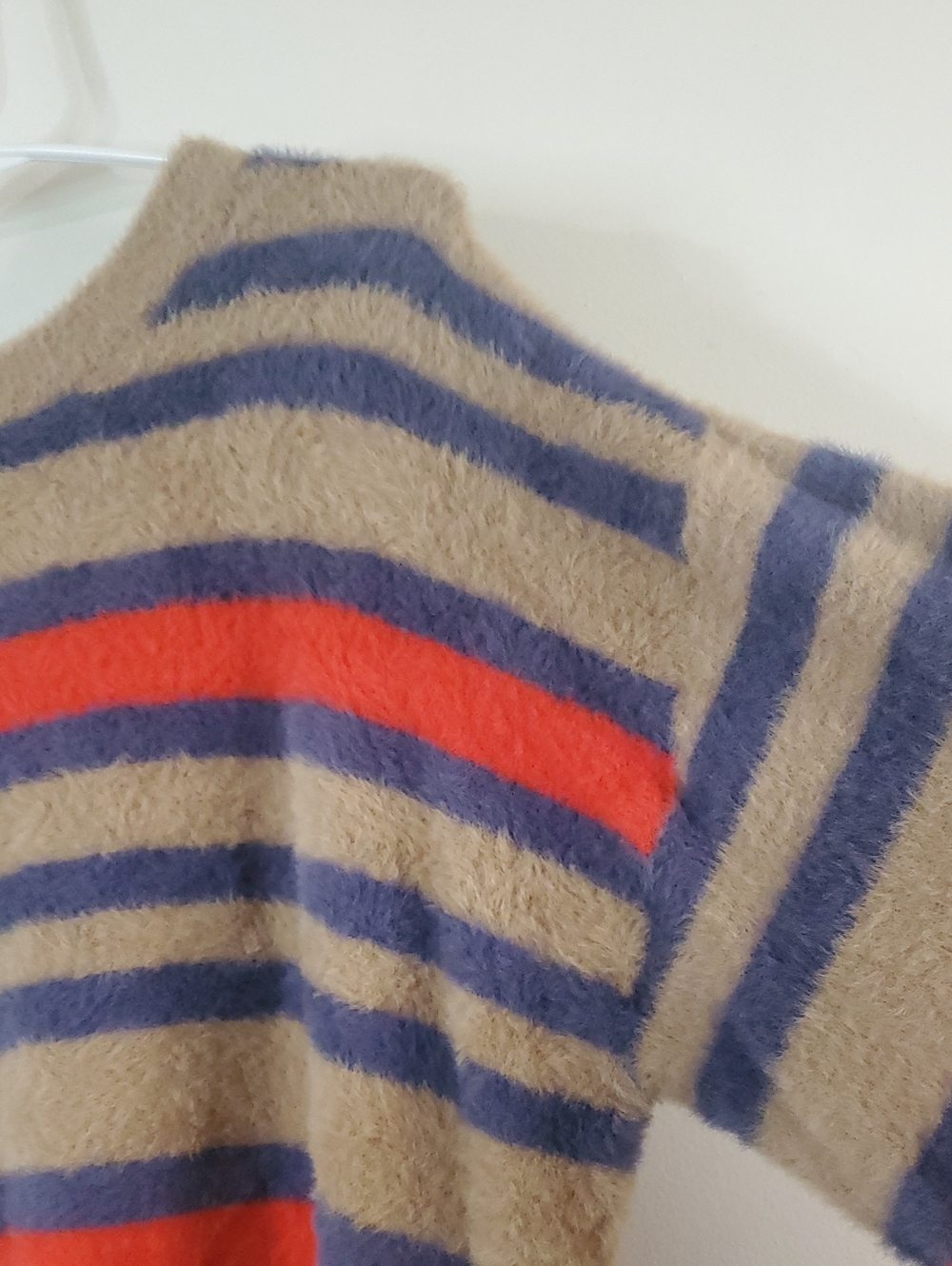 Aerie Flurry Crew Cozy Striped Fuzzy Sweater Tan, Navy & Red Size XS Oversized - Picture 7 of 16